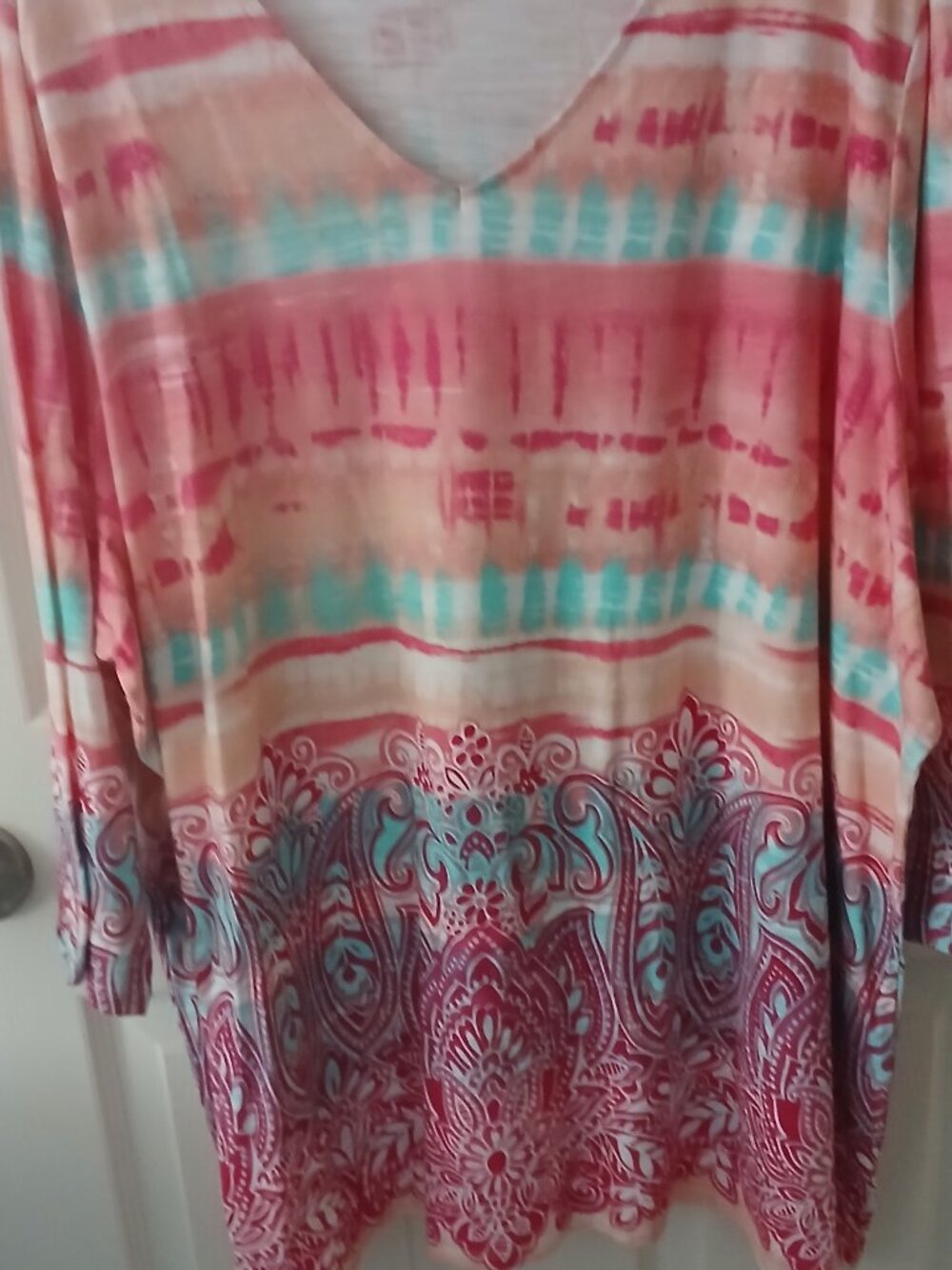 Belle by Kim Gravel Boho Paisley Print Slub Knit V-Neck Top